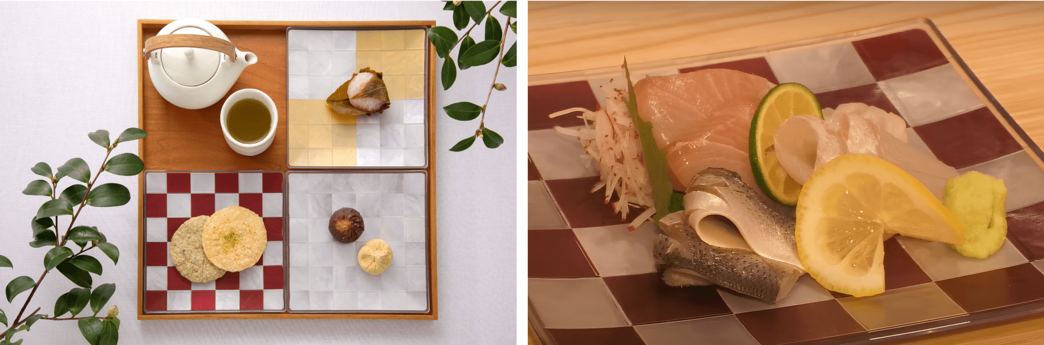 “Setsugetsuka” (clockwise from top right: Moon, Snow, Flower) Example of use at Ginza Sushi Ojima