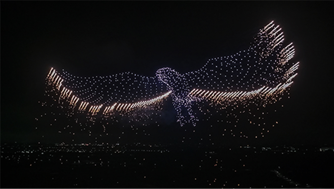A Bird Taking Flight Across the Night Sky via Firework Drones