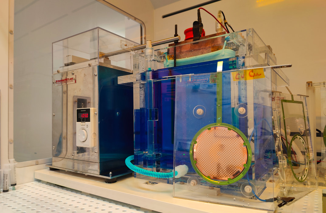 Photo Images of the Equipment and Samples after Copper Sulfate Plating. (From the LAAS laboratory at CNRS, France)